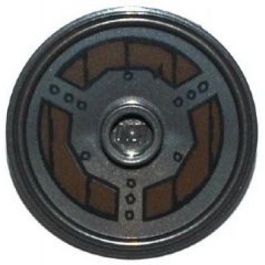 pearl dark gray minifigure shield circular round rimmed face with stud with rivets and wood planking pattern