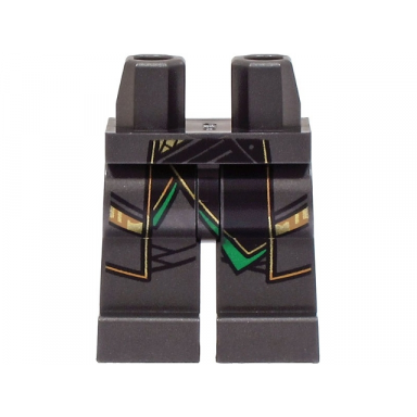 pearl dark gray hips and legs with black shirt tail and long coattails with gold and green trim pattern
