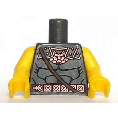 pearl dark gray torso bare chest muscles outline with wolf fox head and copper and dark brown belt pattern yellow arms yellow hands