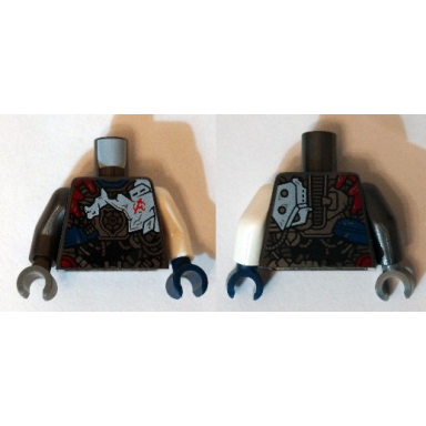 pearl dark gray torso black dark red and dark blue armor with red avengers logo pattern ultron mk1 white arm left pearl dark gray arm right dark blue hand left dark bluish gray hand right