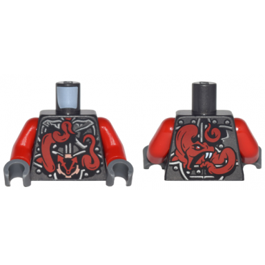 pearl dark gray torso ninjago metallic silver armor with clock and large red snake with white fangs on back pattern red arms dark bluish gray hands