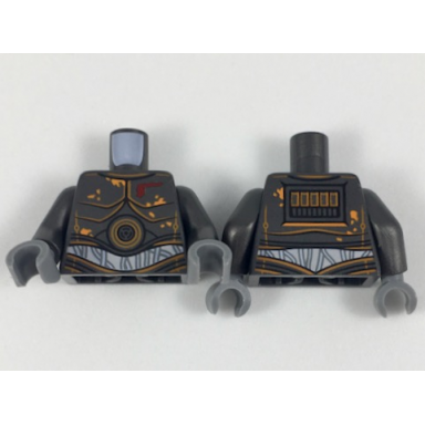 pearl dark gray torso sw armor metal plates with orange rust stains and white wires on silver abdomen pattern pearl dark gray arms dark bluish gray hands