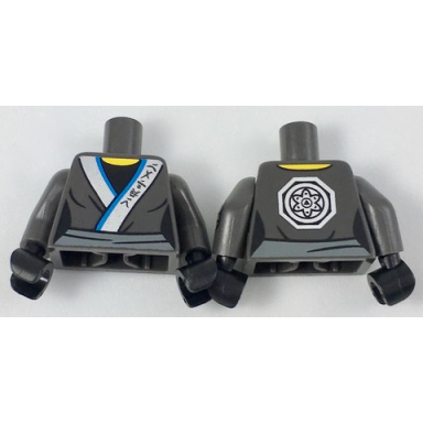 pearl dark gray torso ninjago female robe with ninjago logogram water silver medallion pattern pearl dark gray arms with silver elbow pads pattern black hands