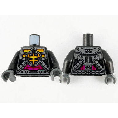 pearl dark gray torso mechanical armor ironclad logo silver plates tubes and magenta stomach pattern pearl dark gray arms dark bluish gray hands
