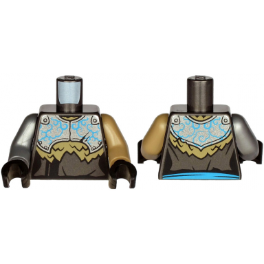 pearl dark gray torso armor silver plate with dark azure curly lines over robe and dark tan fur pattern dark tan arm left flat silver arm right black hands