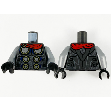 pearl dark gray torso armor with 6 metallic silver disks with gold edge red cape and detailed back pattern flat silver arms black hands