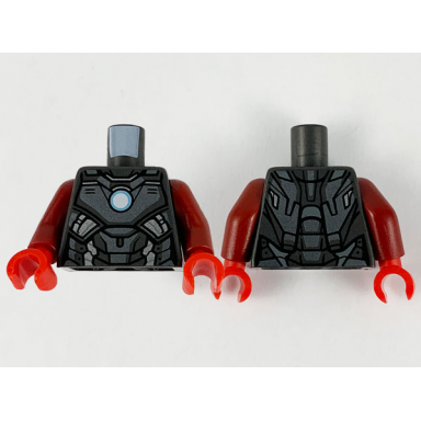 pearl dark gray torso armor dark silver plates silver trim and metallic light blue circle arc reactor pattern dark red arms red hands
