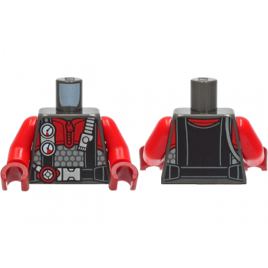 pearl dark gray torso diving suit with red zipper black harness with silver buckle gauges and regulator pattern red arms dark red hands