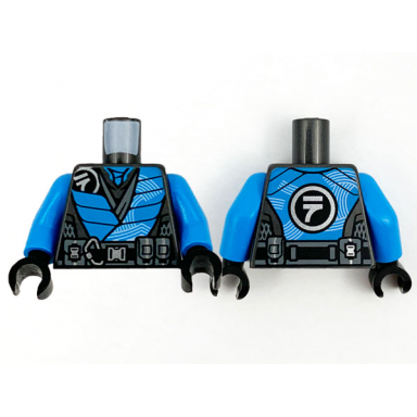pearl dark gray torso tunic pearl dark gray ninjago logogram letter n dark azure panels dark bluish gray mesh and belt pattern dark azure arms black hands