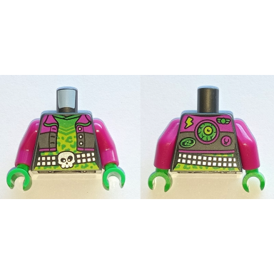 pearl dark gray torso female short jacket open with buttons and magenta collar over lime shirt with bright green rosettes silver studded belt with skull buckle monster eye and patches on back pattern magenta arms bright green hands