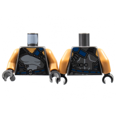 pearl dark gray torso female armor medium nougat neck dark blue shoulder strap and belt light bluish gray center panel pattern medium nougat arms black hands