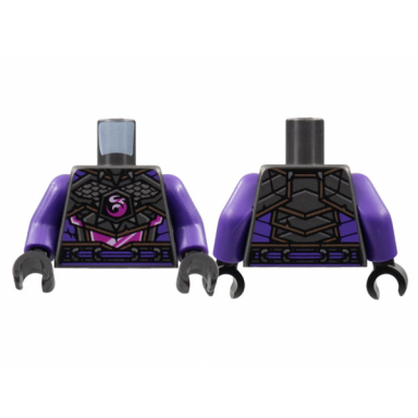 pearl dark gray torso armor silver spikes and scales magenta dragon logo and midriff dark purple trim pattern dark purple arms black hands