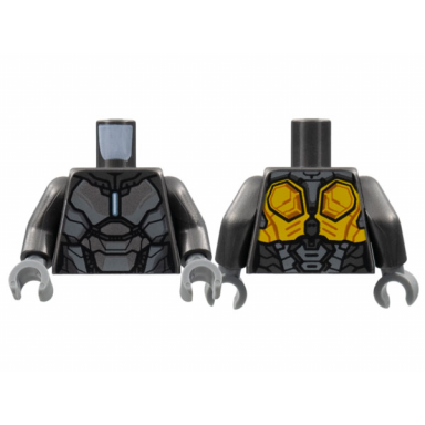 pearl dark gray torso armor silver and dark bluish gray panels metallic light blue rod arc reactor pearl gold trim on back pattern pearl dark gray arms dark bluish gray hands