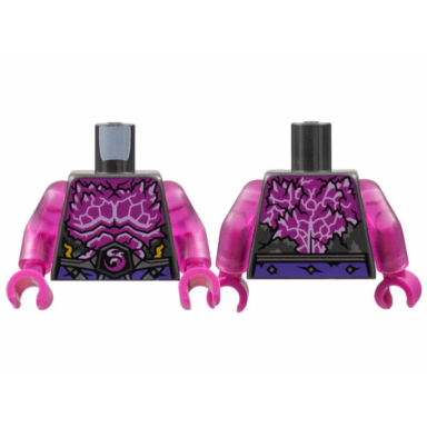 pearl dark gray torso armor broken with magenta chest with spikes white trim dragon logo pattern trans-dark pink arms magenta hands
