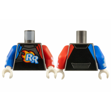 pearl dark gray torso racing suit with white rr on red and bright light orange flames pattern red arm left with white flames pattern blue arm right with white flames pattern white hands
