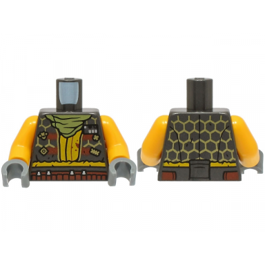 pearl dark gray torso coat with gold hexagons bright light orange shirt olive green bandana reddish brown belt pattern bright light orange arms dark bluish gray hands