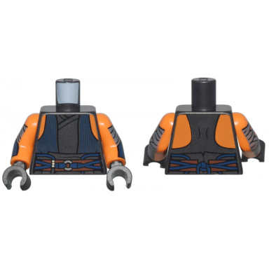 pearl dark gray torso sw vest open with dark blue pinstripes over tunic reddish brown belt with cords and silver ring orange shoulders pattern orange arms with dark bluish gray wrappings and dark blue bracers pattern pearl dark gray hands