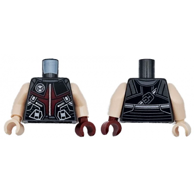 pearl dark gray torso armor dark red dark bluish gray and black panels with silver zipper shield logo and lines pattern light nougat arms dark red hand left light nougat hand right