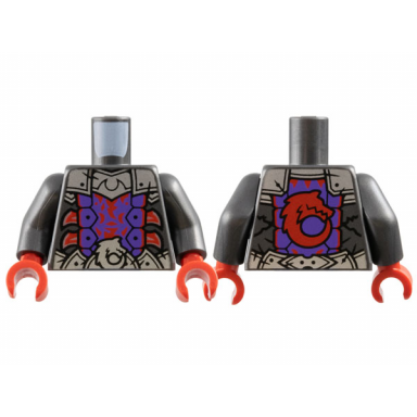 pearl dark gray torso dark purple armor silver plates metallic pink blades red trim and wolf on back pattern pearl dark gray arms red hands