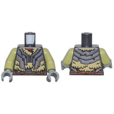 pearl dark gray torso dark silver crude plate mail armor dark tan fur and reddish brown belt and rivets pattern olive green arms dark bluish gray hands