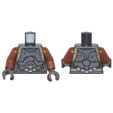 pearl dark gray torso dark silver crude plate mail armor silver buckles and dark tan fur pattern reddish brown arms dark brown hands