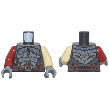 pearl dark gray torso dark silver crude plate mail armor dark tan laces and spikes dark brown and reddish brown belts pattern tan arm left dark red arm right dark bluish gray hands