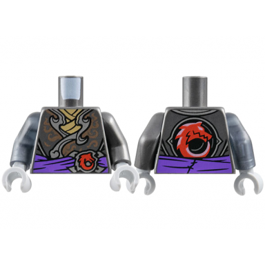 pearl dark gray torso dark silver and copper tunic dark tan shirt dark purple sash red wolf pattern pearl dark gray arm left trans-black arm right light bluish gray hands