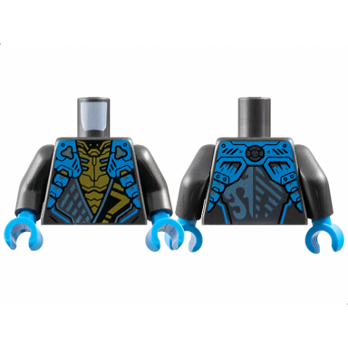 pearl dark gray torso armored tunic with dark azure shoulder panels metallic light blue trim and gold ninjago logogram letter n over chest armor water dragon logo on back pattern pearl dark gray arms dark azure hands