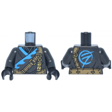 pearl dark gray torso tunic with dark azure trim black shirt dark tan strap gold clasp and charm with ninjago logogram letter n pattern pearl dark gray arms black hands