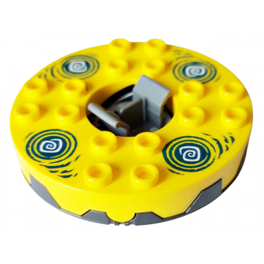 pearl dark gray turntable 6 x 6 x 1 1 3 round base serrated with yellow top and white and dark blue hypnobrai pattern ninjago spinner