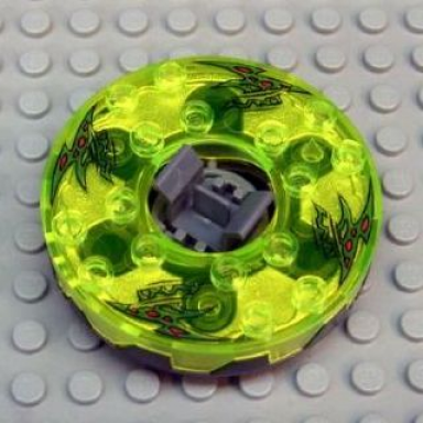 pearl dark gray turntable 6 x 6 x 1 1 3 round base serrated with trans-neon green top and green with red spots pattern ninjago spinner
