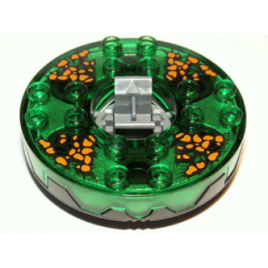 pearl dark gray turntable 6 x 6 x 1 1 3 round base serrated with trans-green top and black and orange pattern ninjago spinner