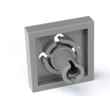 dark gray plate modified 2 x 2 with pin on bottom small holes in plate and locking fingers on underside