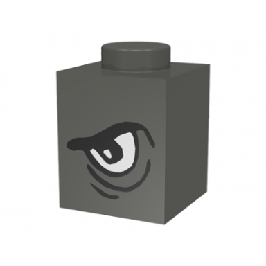 dark gray brick 1 x 1 with angry black eyebrow and white eye left pattern