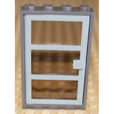 dark gray door frame 1 x 4 x 6 with 4 holes on top and bottom with light gray door with 3 panes and square handle with fixed trans-brown glass 30179 x39c02
