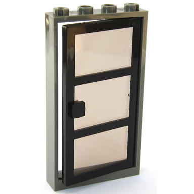 dark gray door frame 1 x 4 x 6 with 4 holes on top and bottom with black door with 3 panes and square handle with fixed trans-brown glass 30179 x39c02