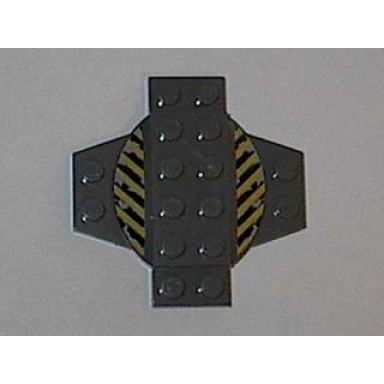 dark gray plate modified 6 x 6 x 2 3 cross with dome and black and yellow danger stripes pattern