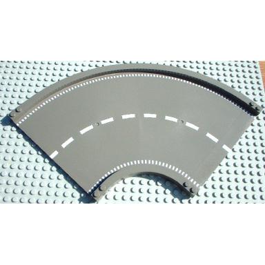 dark gray baseplate road 24 x 24 ramp curved 16w surface with white center stripe pattern