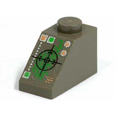dark gray slope 45 2 x 1 with black crosshairs and green insectoid pattern