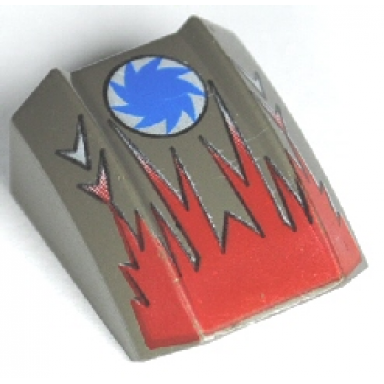 dark gray slope curved 2 x 2 lip with red flames blue saw blade on white circle pattern