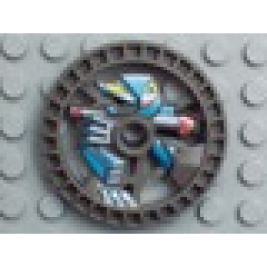 dark gray technic disk 5 x 5 - roborider talisman wheel skeleton mold with robot pattern