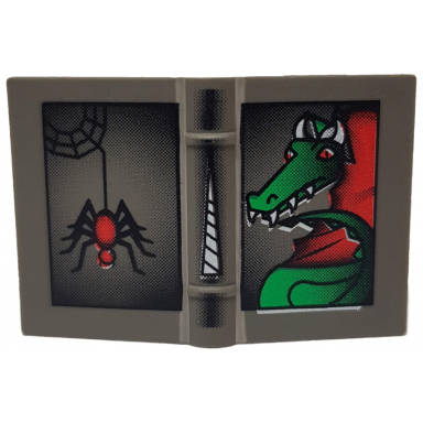 dark gray minifigure utensil book 2 x 3 with dragon and spider pattern