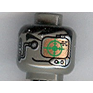 dark gray minifigure head alien with black hair headset green and copper eye grid pattern