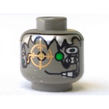 dark gray minifigure head alien with silver hair copper eyegrid and headset pattern