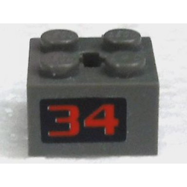 dark gray hinge brick 2 x 2 locking with 2 fingers vertical and axle hole with red 34 on black background pattern sticker - set 4589