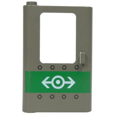 dark gray door 1 x 4 x 5 train left thin support at bottom with green stripe train logo and rivets pattern