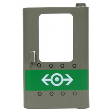 dark gray door 1 x 4 x 5 train right thin support at bottom with green stripe train logo and rivets pattern