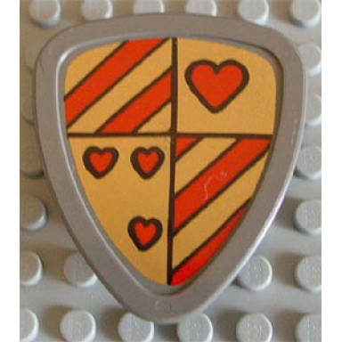 dark gray duplo utensil shield flat triangle with red stripes and hearts pattern