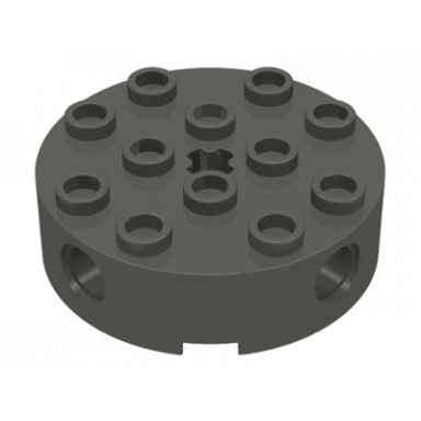 dark gray brick round 4 x 4 with 4 side pin holes and center axle hole