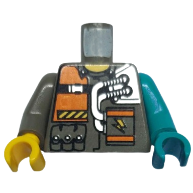 dark gray torso rock raiders orange patch 2 hoses pattern chief dark turquoise arm and hand left dark gray arm and yellow hand right
